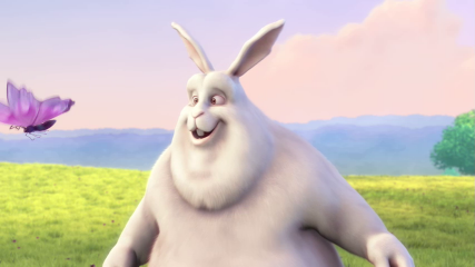A large, rotund, white rabbit standing in a field on a hill with green grass smiling happily at a pink butterfly on the left side of the screen with a tree in the background on the right and more hills way behind everything. It appears to be during the evening.